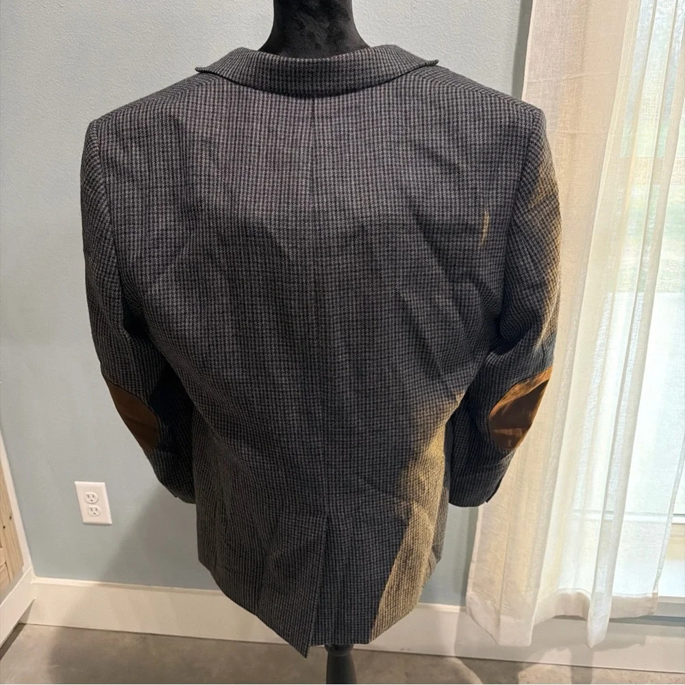 100% Wool Chaps Herringbone Checker Brown Suede Elbow Patches Blazer Jacket 46R